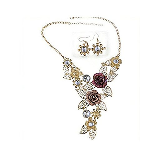 Kette Schmuck halskette Damen DAY.LIN Frauen Elegant Vintage Flower Gold Halskette Anweisung Ohrringe Schmuck-Set