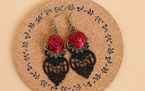 Yazilind Retro Style Lace Baumeln Rote Rose Blume Ohrring Stilvolle Schmuck Für Frauen Geschenkidee - 4