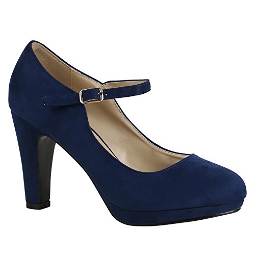 Damen Schuhe Pumps T-Strap High Heels Riemchenpumps Stilettos 157207 Dunkelblau Berkley 40 Flandell