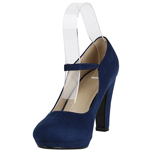 Damen Schuhe Pumps T-Strap High Heels Riemchenpumps Stilettos 157207 Dunkelblau Berkley 40 Flandell - 2