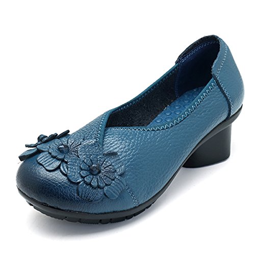 Socofy Damen Pumps, Damen Leder Slipper Klassische Pumps Blume Loafers Metallic Party Schuhe Leder-Optik Ballerinas Vintage Halbschuhe Slip-Ons Herbstschuhe Blau 40