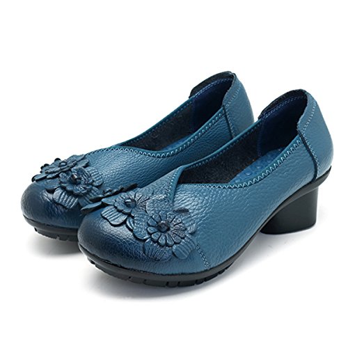 Socofy Damen Pumps, Damen Leder Slipper Klassische Pumps Blume Loafers Metallic Party Schuhe Leder-Optik Ballerinas Vintage Halbschuhe Slip-Ons Herbstschuhe Blau 40 - 3