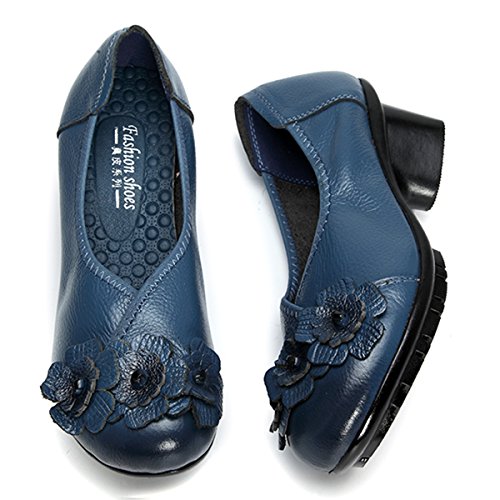 Socofy Damen Pumps, Damen Leder Slipper Klassische Pumps Blume Loafers Metallic Party Schuhe Leder-Optik Ballerinas Vintage Halbschuhe Slip-Ons Herbstschuhe Blau 40 - 5