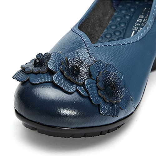 Socofy Damen Pumps, Damen Leder Slipper Klassische Pumps Blume Loafers Metallic Party Schuhe Leder-Optik Ballerinas Vintage Halbschuhe Slip-Ons Herbstschuhe Blau 40 - 6