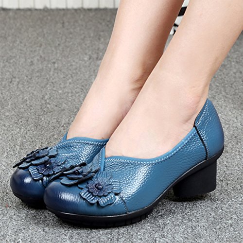 Socofy Damen Pumps, Damen Leder Slipper Klassische Pumps Blume Loafers Metallic Party Schuhe Leder-Optik Ballerinas Vintage Halbschuhe Slip-Ons Herbstschuhe Blau 40 - 7