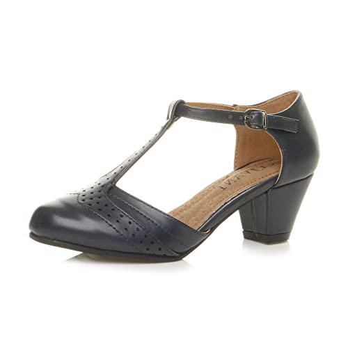 Damen Mitte Blockabsatz T-Riemen Ausgeschnitten Brogues Pumps Sandalen Größe 7 40