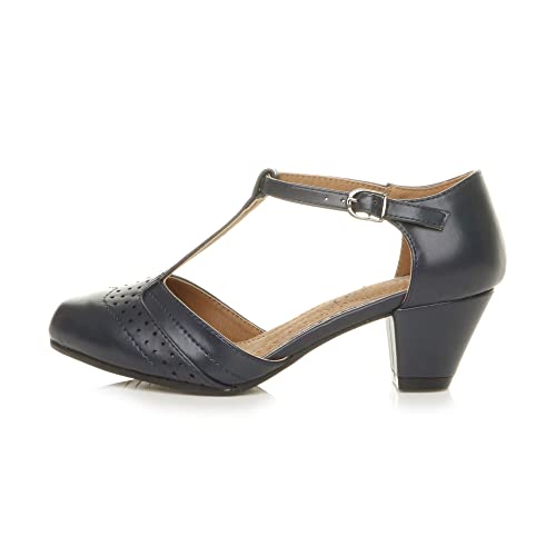 Damen Mitte Blockabsatz T-Riemen Ausgeschnitten Brogues Pumps Sandalen Größe 7 40 - 3