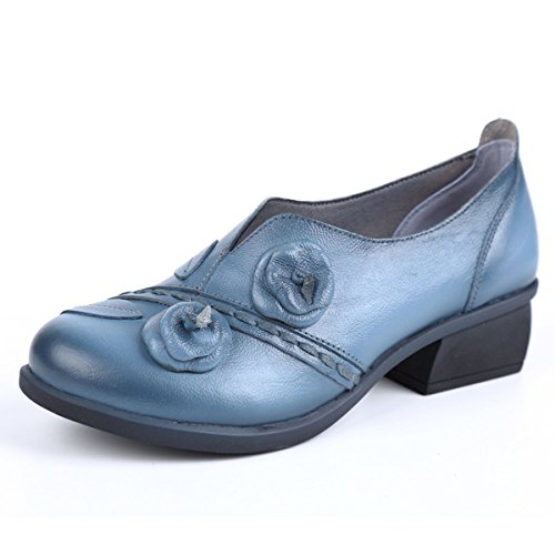 Socofy Damen Pumps, Damen Leder Slipper Mokassins Blume Loafers Metallic Ballerinas Vintage Halbschuhe Slip-On Freizeit Leder Herbstschuhe Blockabsatz Blau 40