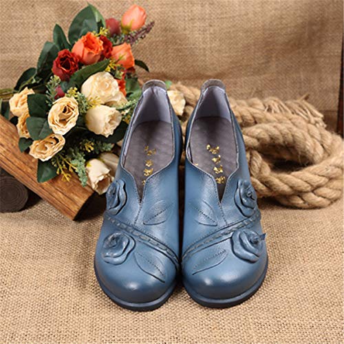 Socofy Damen Pumps, Damen Leder Slipper Mokassins Blume Loafers Metallic Ballerinas Vintage Halbschuhe Slip-On Freizeit Leder Herbstschuhe Blockabsatz Blau 40 - 2
