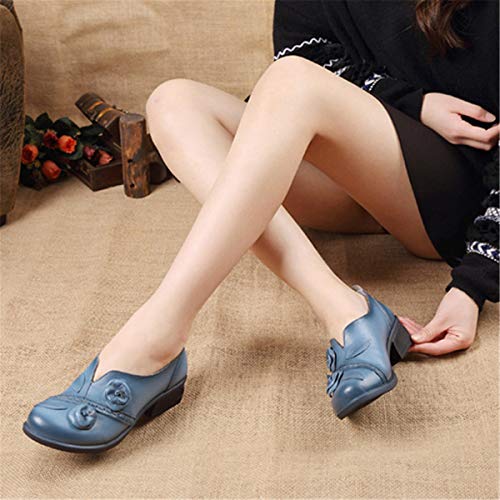 Socofy Damen Pumps, Damen Leder Slipper Mokassins Blume Loafers Metallic Ballerinas Vintage Halbschuhe Slip-On Freizeit Leder Herbstschuhe Blockabsatz Blau 40 - 3