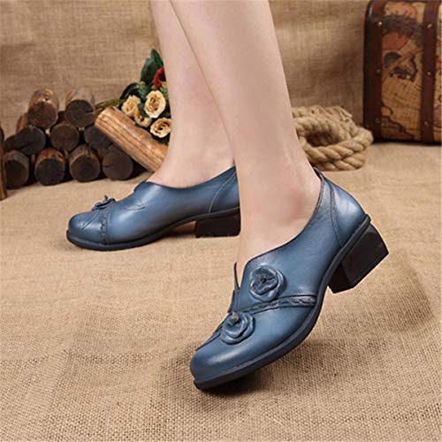 Socofy Damen Pumps, Damen Leder Slipper Mokassins Blume Loafers Metallic Ballerinas Vintage Halbschuhe Slip-On Freizeit Leder Herbstschuhe Blockabsatz Blau 40 - 4
