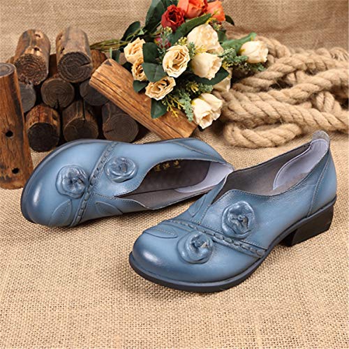 Socofy Damen Pumps, Damen Leder Slipper Mokassins Blume Loafers Metallic Ballerinas Vintage Halbschuhe Slip-On Freizeit Leder Herbstschuhe Blockabsatz Blau 40 - 5