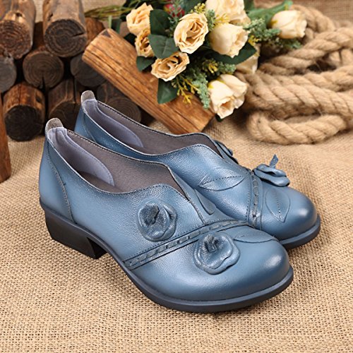 Socofy Damen Pumps, Damen Leder Slipper Mokassins Blume Loafers Metallic Ballerinas Vintage Halbschuhe Slip-On Freizeit Leder Herbstschuhe Blockabsatz Blau 40 - 7
