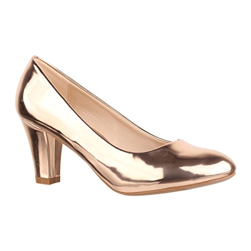 Elara Damen Pumps | Bequeme High Heels Lackoptik Trichterabsatz | Vintage-Style | Chunkyrayan 7056-P-Champagner-38