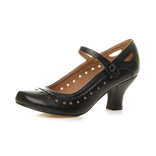 Damen Herzmuster Mary Jane Mittlerer Absatz Feinmachen Pumps Schuhe Größe 38 5