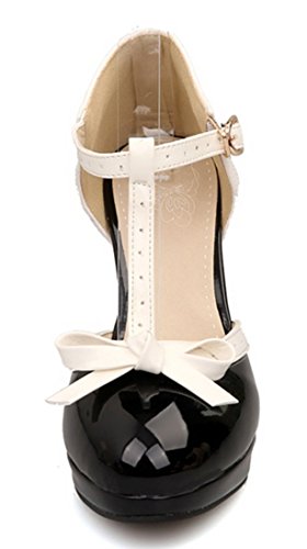 YE Damen Geschlossene Runde Zehe 8cm Absatz High Heels Plateau T-Strap Bogen Blockabsatz Riemen Lack Leder Pumps mit Schnallen Frühling Sommer Schuhe (39EU, Schwarz) - 2