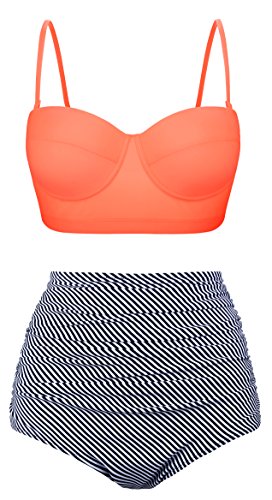 Angerella Damen Retro Stil Polka-Punkt mit hoher Taille Badeanzug Bikini Set