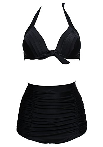 Damen Retro Badeanzug Bademode Bikini Set, schwarz,3XL