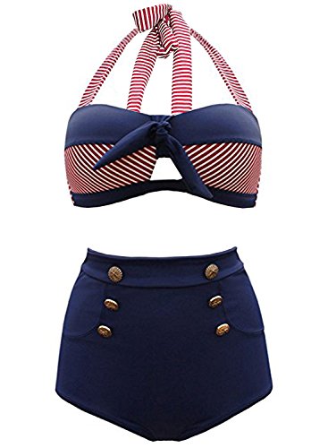 Futurino Damen Frühjahr/Sommer Vintage Retro Nautical Sailor Bügel Push Up Bikini Sets Bademode (EU42, Marine)