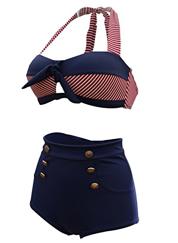 Futurino Damen Frühjahr/Sommer Vintage Retro Nautical Sailor Bügel Push Up Bikini Sets Bademode (EU42, Marine) - 2
