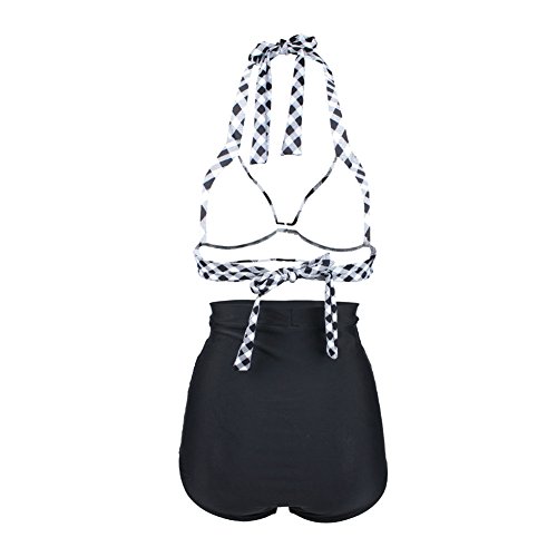 ERWAA Damen Bikini Set Badeanzug Bademode Bauchweg Vintage Hohe Taillen Neckholder Karierter Schwimmanzug, Schwarz Rot, – L(EU36/38) - 2