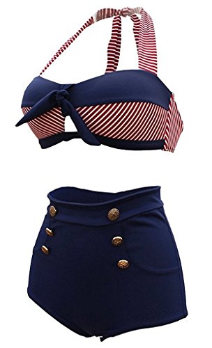 SISSIJOE Damen Bunt Retro PinUp Vintage Bikini mit hoher Taille Bademode Badeanzug Streifen Rot Medium - 2