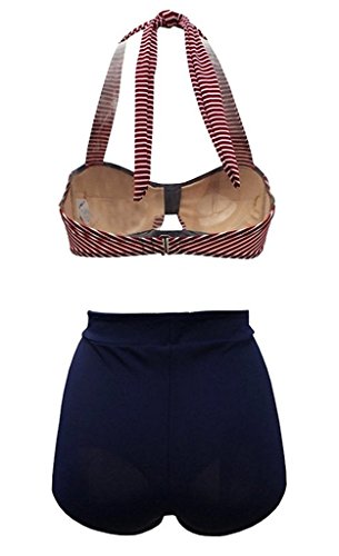 SISSIJOE Damen Bunt Retro PinUp Vintage Bikini mit hoher Taille Bademode Badeanzug Streifen Rot Medium - 3
