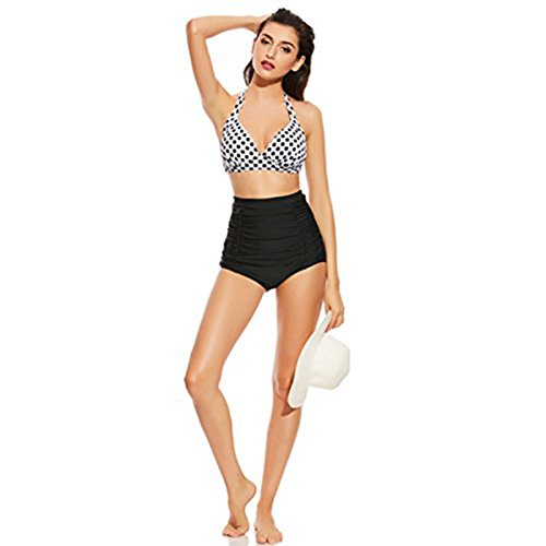 Vintage Bademode mit Faltenwurf hohe Taille Bikini Set Badeanzug High Waist Push Up Swimwear Neckholder (EU 32-34, Weiß) - 2