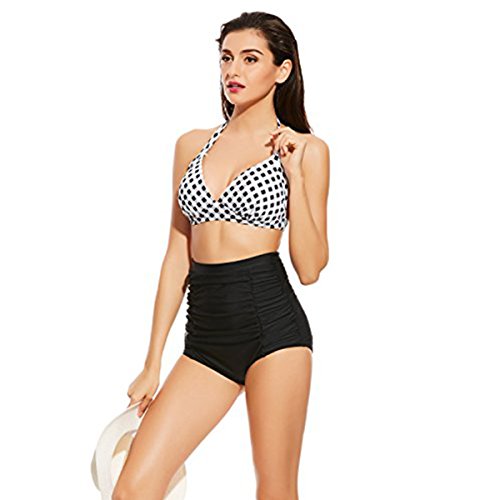 Vintage Bademode mit Faltenwurf hohe Taille Bikini Set Badeanzug High Waist Push Up Swimwear Neckholder (EU 32-34, Weiß) - 3