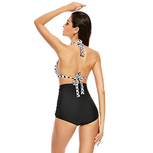 Vintage Bademode mit Faltenwurf hohe Taille Bikini Set Badeanzug High Waist Push Up Swimwear Neckholder (EU 32-34, Weiß) - 4