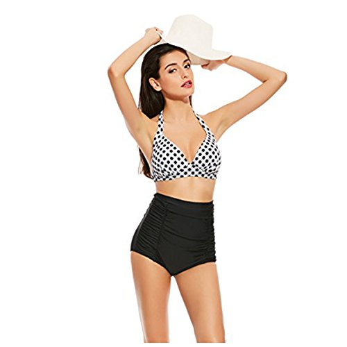 Vintage Bademode mit Faltenwurf hohe Taille Bikini Set Badeanzug High Waist Push Up Swimwear Neckholder (EU 32-34, Weiß) - 5