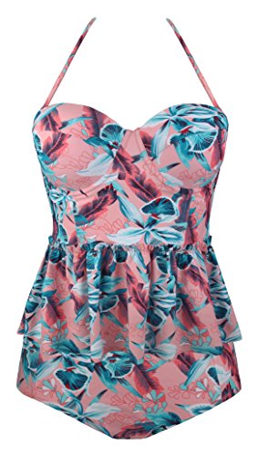 Angerella Damen Vintage Retro Floral Print Ruffles Tankini Oben Schlanke Taille Bikini Set