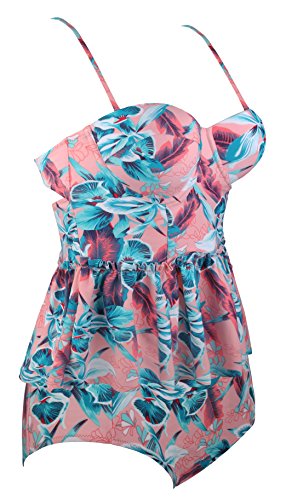 Angerella Damen Vintage Retro Floral Print Ruffles Tankini Oben Schlanke Taille Bikini Set - 2