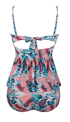 Angerella Damen Vintage Retro Floral Print Ruffles Tankini Oben Schlanke Taille Bikini Set - 3