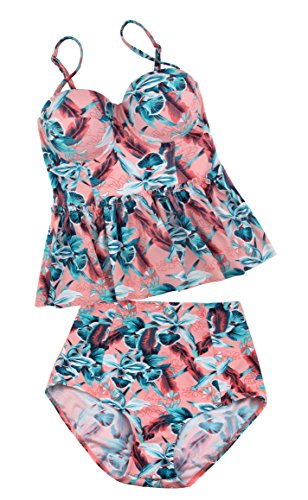 Angerella Damen Vintage Retro Floral Print Ruffles Tankini Oben Schlanke Taille Bikini Set - 4