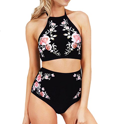 FORH Damen Retro Blumen Drucken Bademode Sexy Neckholder Push-Up Bra Beach Bikini Set Hoher Taille Split Badeanzug Swimwear Shorts tops mit Bikini Höschen zweiteilig Schwimmanzug (Schwarz, S)