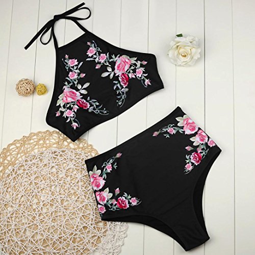 FORH Damen Retro Blumen Drucken Bademode Sexy Neckholder Push-Up Bra Beach Bikini Set Hoher Taille Split Badeanzug Swimwear Shorts tops mit Bikini Höschen zweiteilig Schwimmanzug (Schwarz, S) - 4