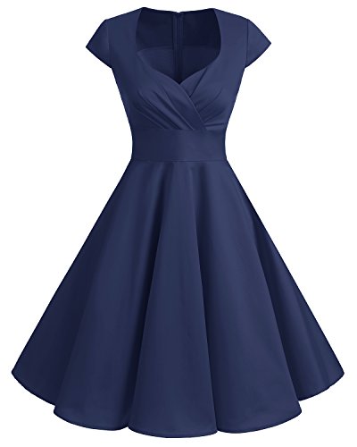 bbonlinedress 1950er Vintage Retro Cocktailkleid Rockabilly V-Ausschnitt Faltenrock Navy XS