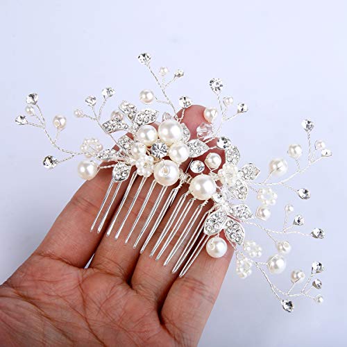 Clearine Damen Künstliche Perlen Kristall Blume Handarbeit DIY Braut Hochzeit Haarkamm Haarschmuck Ivory-farbe - 3