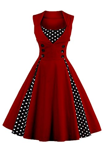 Damen kleider 50er jahre stil Vintage Polka Dots Knielang Wein Rot 4XL