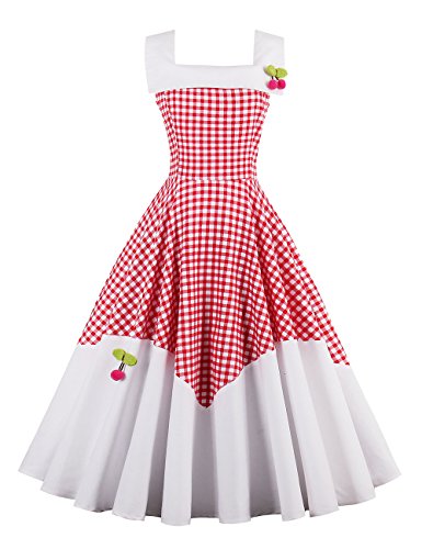 VKStar® 50er Rockabilly Kariert Kleid Petticoat Vintage ärmellos Kirschen Abendkleid Rot S