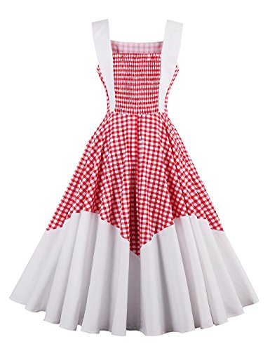 VKStar® 50er Rockabilly Kariert Kleid Petticoat Vintage ärmellos Kirschen Abendkleid Rot S - 2