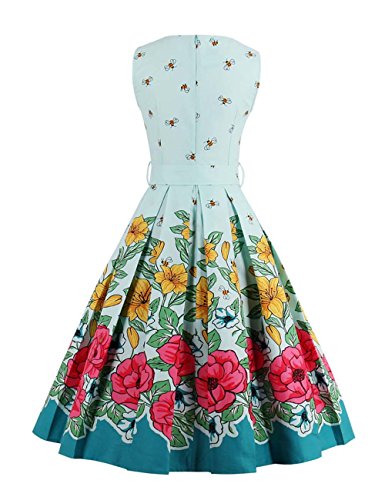 VKStar® Damen 50s Vintage Retro Rockabilly kleid Blumen Kleid Sommerkleid Cocktailkleid Swing Kleid Hellblau L - 2