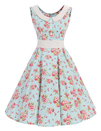 VKStar Retro Kleider Damen 50er 60er Vintage Kleider sommer ärmellos Rockabilly Abendkleid Hellgrün S