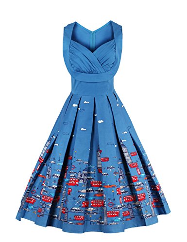 VKStar Vintage 50er Stoffdruck Cocktailkleid ärmellos Abendkleid Retro Swing Rockabilly Ballkleid Blau 3XL