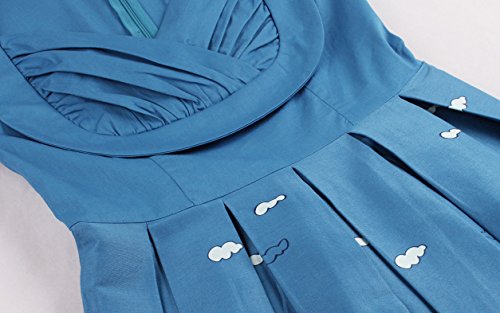 VKStar Vintage 50er Stoffdruck Cocktailkleid ärmellos Abendkleid Retro Swing Rockabilly Ballkleid Blau 3XL - 3