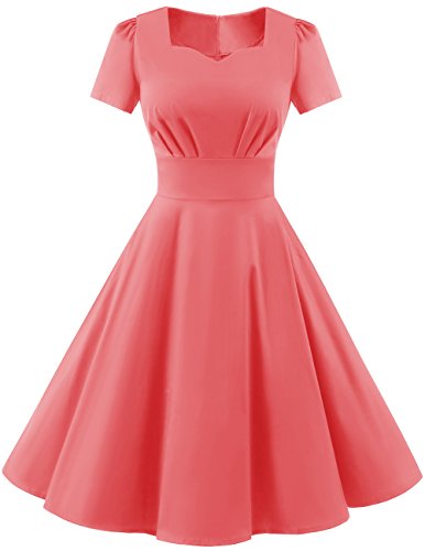 Dresstells Damen Vintage 50er Rockabilly Kurzarm Swing Kleider Partykleid Pink L