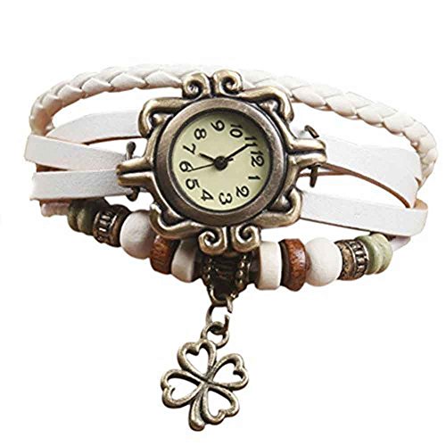 Demarkt Retro Vintage Klee Design Damen Armbanduhr Armreif Uhr Anhänger Spangenuhr Quarzuhren (Weiß)