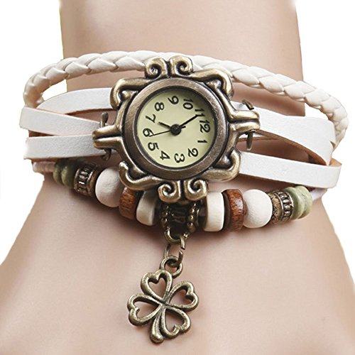 Demarkt Retro Vintage Klee Design Damen Armbanduhr Armreif Uhr Anhänger Spangenuhr Quarzuhren (Weiß) - 2