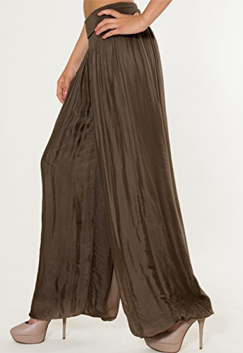 CASPAR KHS010 Damen elegante lange Seiden Chiffon Marlene Hose / Hosenrock mit hohem Stretch Bund, Farbe:dunkelbraun - 4